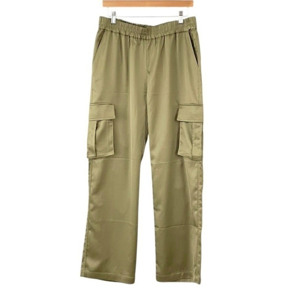 b.young Olive Green Satin Straight Leg Cargo Pants Womens L Pull On Utility Chic